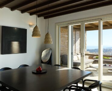 Dining area with sea view at Villa Alabaster, Kounoupas, Mykonos