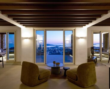 Living room with panoramic sea view at Villa Alabaster, Kounoupas, Mykonos