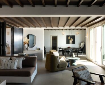 Open-plan living area at Villa Alabaster, Kounoupas, Mykonos