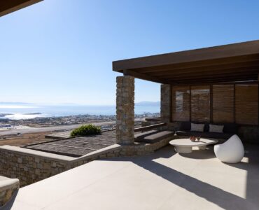 Outdoor lounge with panoramic view at Villa Alabaster, Kounoupas, Mykonos