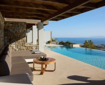 Shaded lounge by the pool at Villa Alabaster, Kounoupas, Mykonos