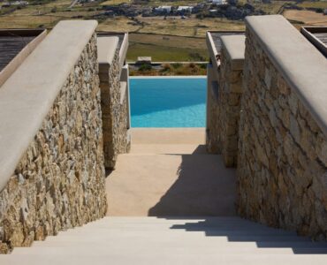 Stone stairway to the pool at Villa Alabaster, Kounoupas, Mykonos