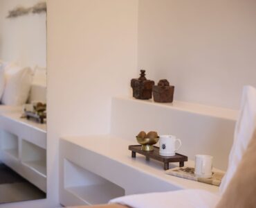 Bedroom details and built-in shelves at Villa Sunstone, Kounoupas, Mykonos