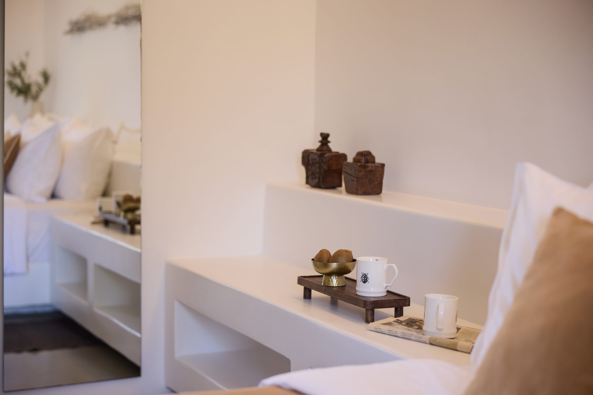 Bedroom details and built-in shelves at Villa Sunstone, Kounoupas, Mykonos