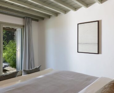 Double bedroom with garden view at Villa Amethyst, Kounoupas, Mykonos