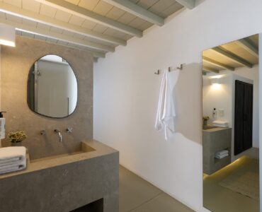 En-suite bathroom vanity at Villa Amethyst, Kounoupas, Mykonos