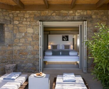 Outdoor lounge in front of the bedroom at Villa Amethyst, Kounoupas, Mykonos