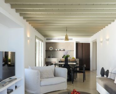 Open-plan living room at Villa Ammolite, Kounoupas, Mykonos