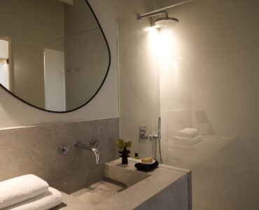 En-suite bathroom vanity at Villa Moonstone, Kounoupas, Mykonos