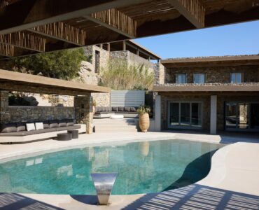 Private pool and villa facade at Villa Moonstone, Kounoupas, Mykonos