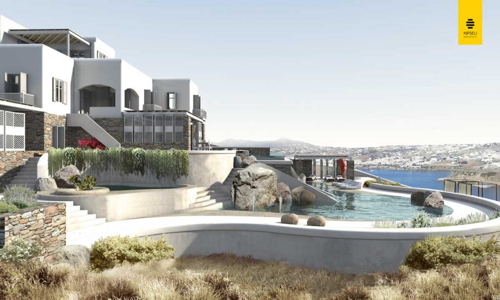 Rendering of the villa and pool on the hillside at Aegean Resort Villa in Korfos, Mykonos