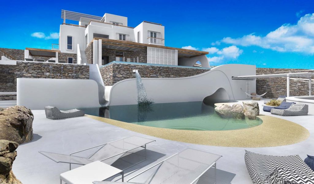 3D rendering of the villa and pool at Aegean Resort in Korfos, Mykonos