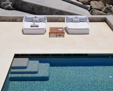 Pouli rental villa view of pool and deck below