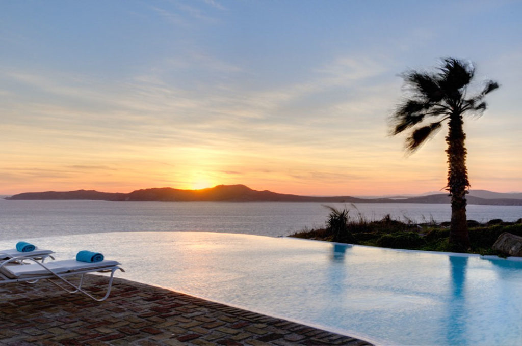 Infinity pool and palm tree at sunset at Villa Delosia in Aleomandra, Mykonos