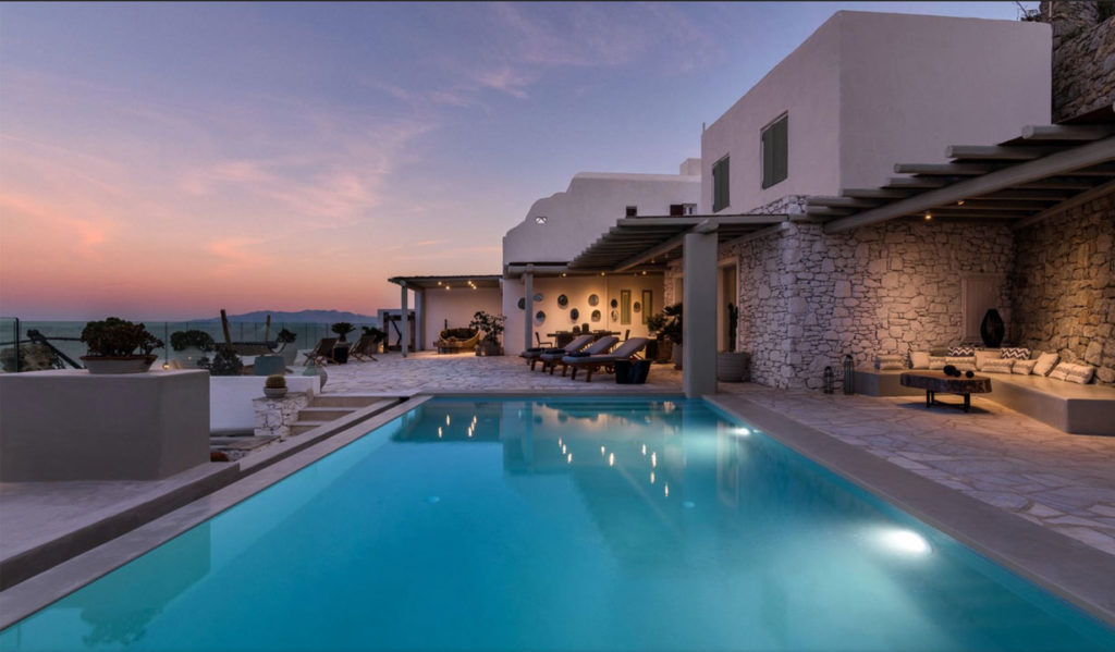 Pool and villa at sunset at Nammia Sea in Agios Lazaros, Mykonos