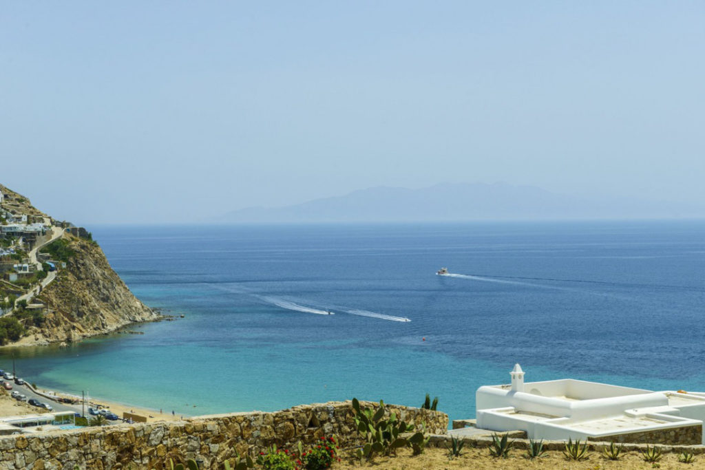 Turquoise bay and coastline at Villa Vector, for sale in Elia, Mykonos
