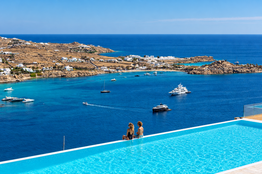 Infinity pool with sea view over the bay and yachts at Villa Nafsithoi, Agios Lazaros, Mykonos