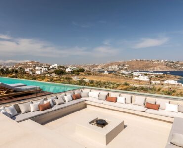Sunken outdoor lounge on the terrace with sea views at Aether Private Retreat - Grand Villa, Aleomandra, Mykonos