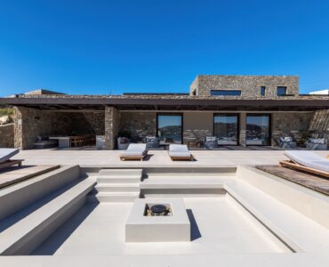 Sunken outdoor lounge on the terrace with sea views at Aether Private Retreat - Grand Villa, Aleomandra, Mykonos