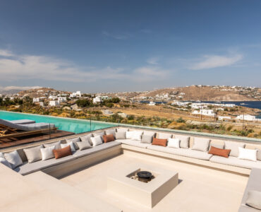 Sunken outdoor lounge on the terrace with sea views at Aether Private Retreat - Grand Villa, Aleomandra, Mykonos