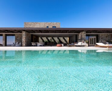 Private pool in front of the villa's stone façade at Aether Private Retreat - Ground Floor, Aleomandra, Mykonos