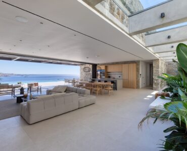 Contemporary living room with sofas and panoramic windows at Aether Private Retreat - Ground Floor, Aleomandra, Mykonos