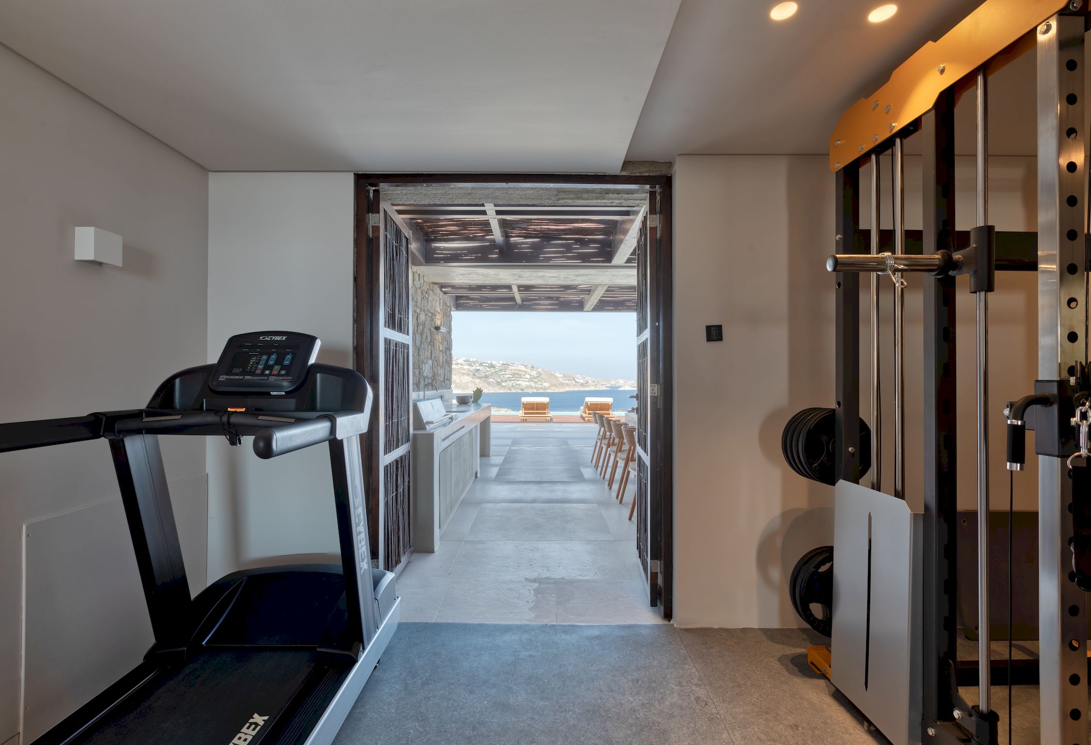 Indoor gym with treadmill and open view towards the sea at Aether Private Retreat - Ground Floor, Aleomandra, Mykonos
