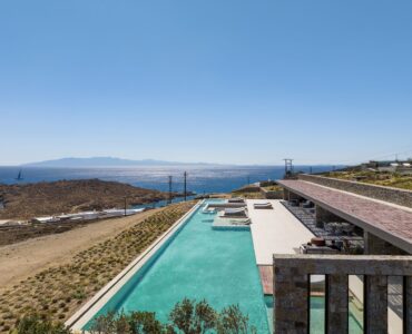 Aerial view of the villa, pools and surrounding Aleomandra landscape at Aether Private Retreat - Ground Floor, Aleomandra, Mykonos