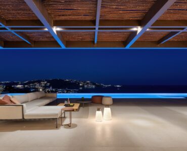 Covered terrace at night overlooking the sea at Aether Private Retreat - Ground Floor, Aleomandra, Mykonos