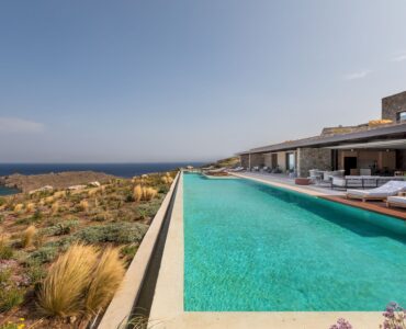Long infinity pool stretching towards the sea and countryside at Aether Private Retreat - Ground Floor, Aleomandra, Mykonos
