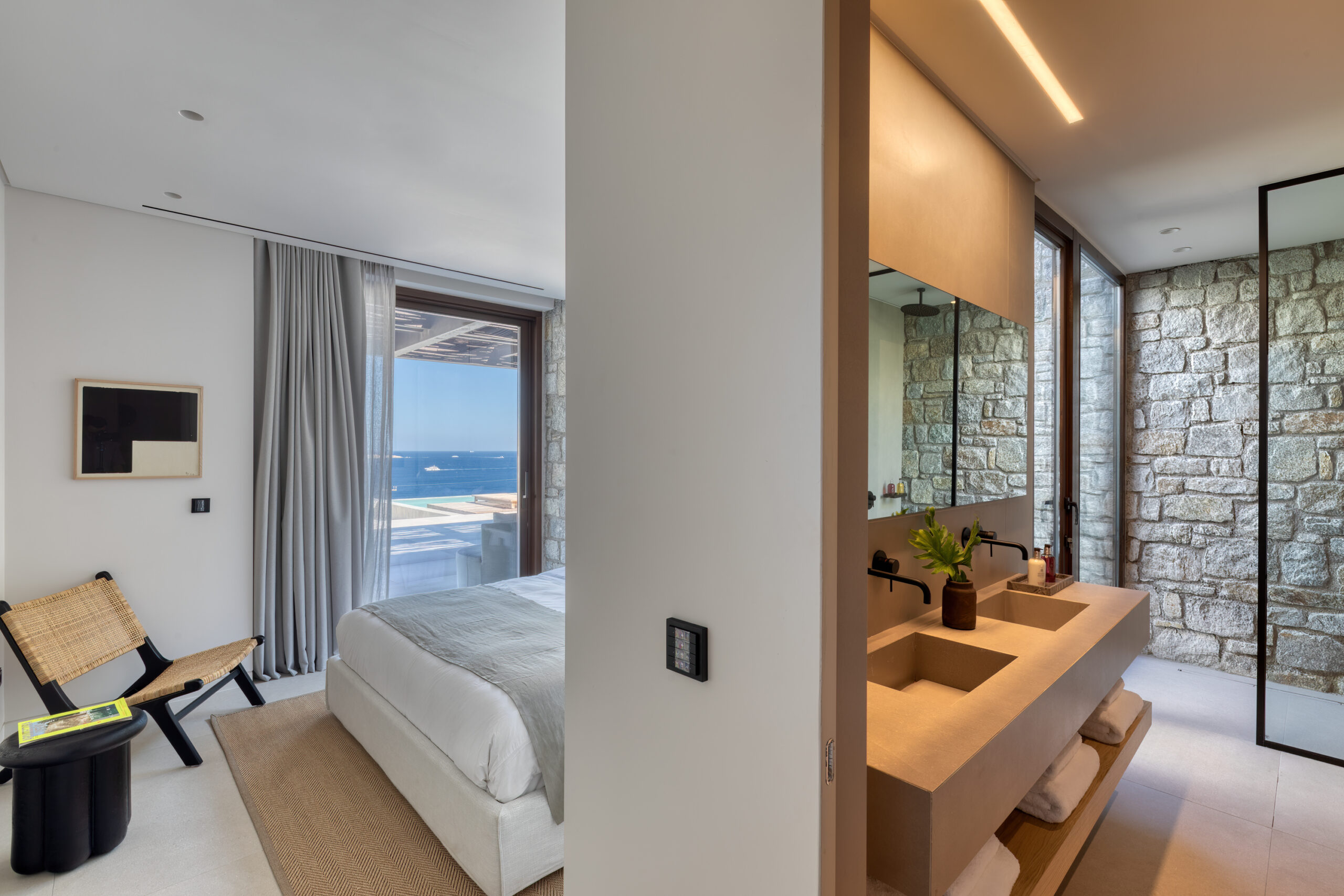 Bedroom with open en-suite bathroom at Aether Private Retreat - Ground Floor, Aleomandra, Mykonos