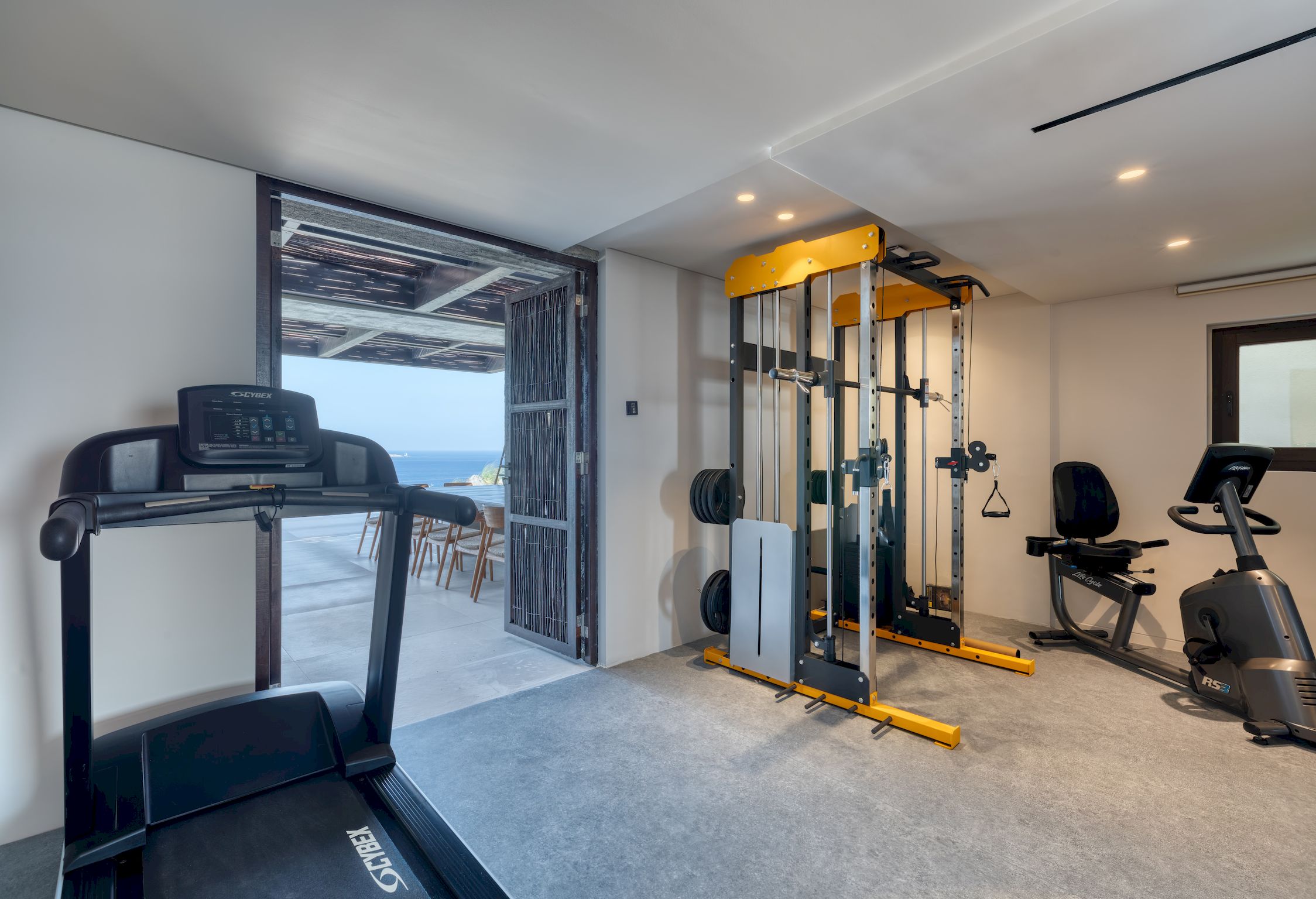 Indoor gym with treadmill and open view towards the sea at Aether Private Retreat - Ground Floor, Aleomandra, Mykonos