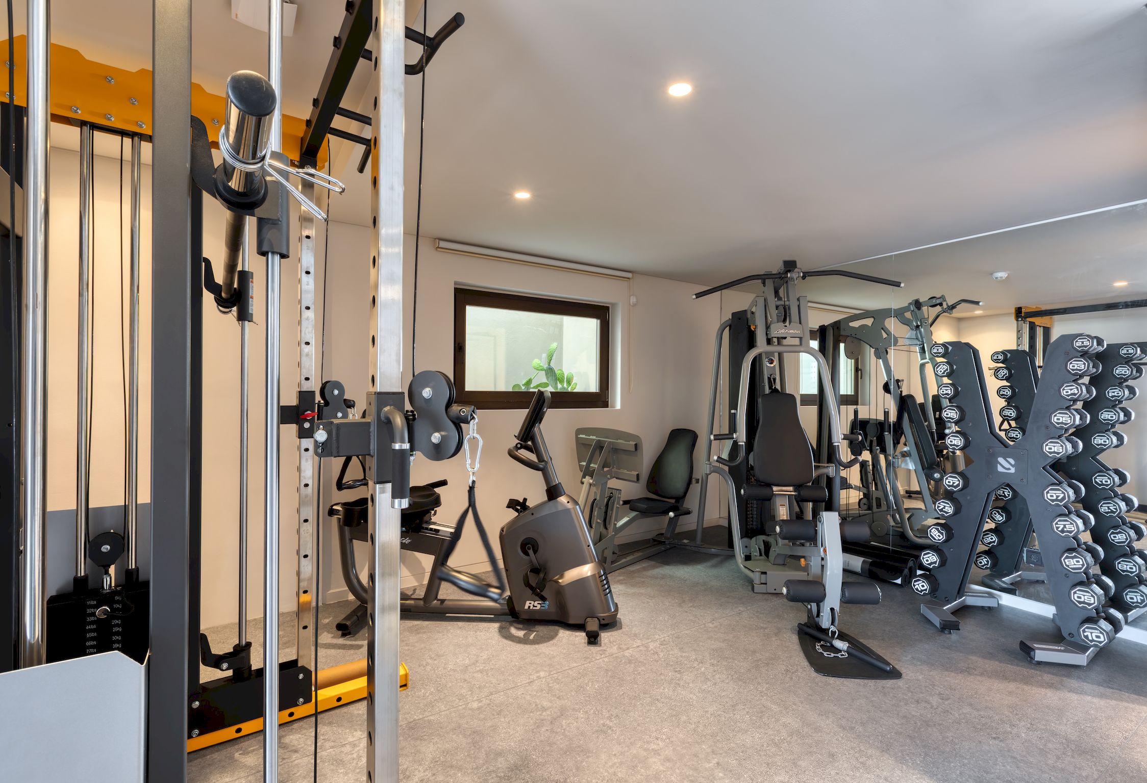 Indoor gym with cardio and weight equipment at Aether Private Retreat - Ground Floor, Aleomandra, Mykonos