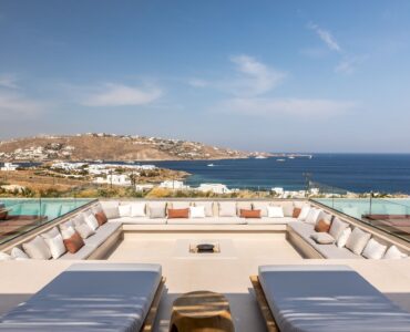 Sunken outdoor lounge on the terrace with sea views at Aether Private Retreat - Ground Floor, Aleomandra, Mykonos