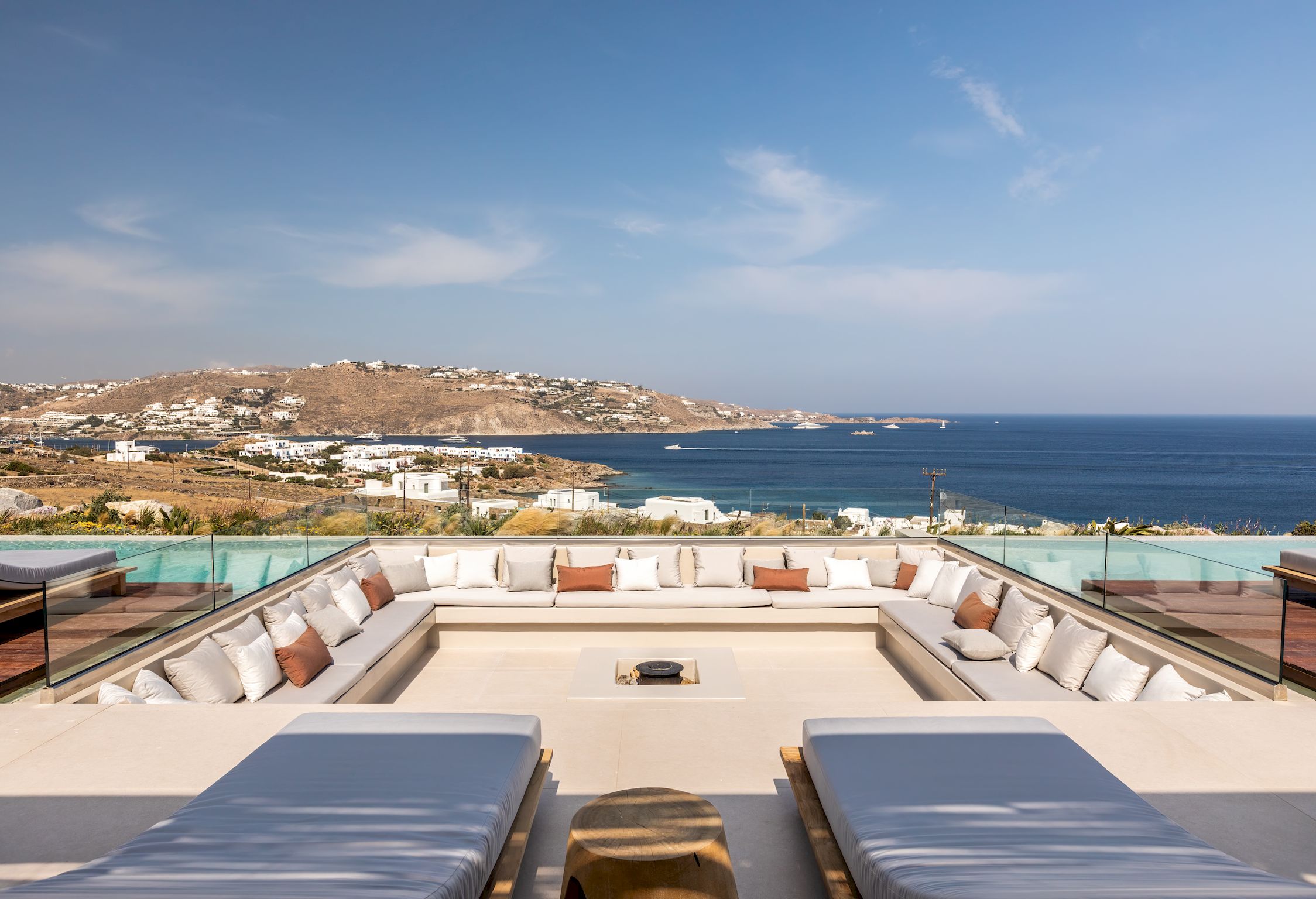 Sunken outdoor lounge on the terrace with sea views at Aether Private Retreat - Ground Floor, Aleomandra, Mykonos