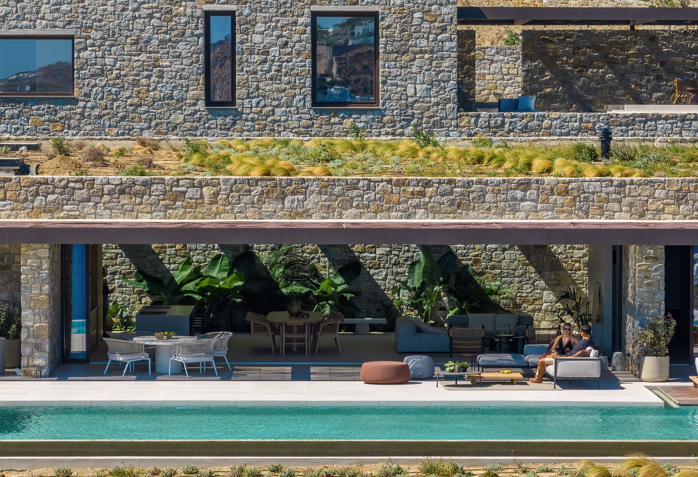 Stone villa with planted roof and natural garden at Aether Private Retreat - Ground Floor, Aleomandra, Mykonos