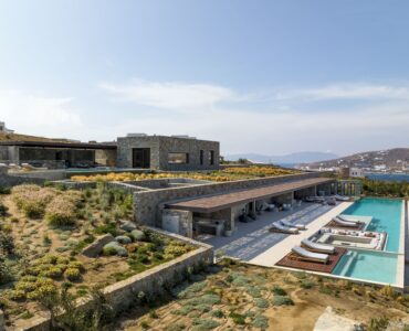 Aerial view of the villa, pools and surrounding Aleomandra landscape at Aether Private Retreat - Ground Floor, Aleomandra, Mykonos