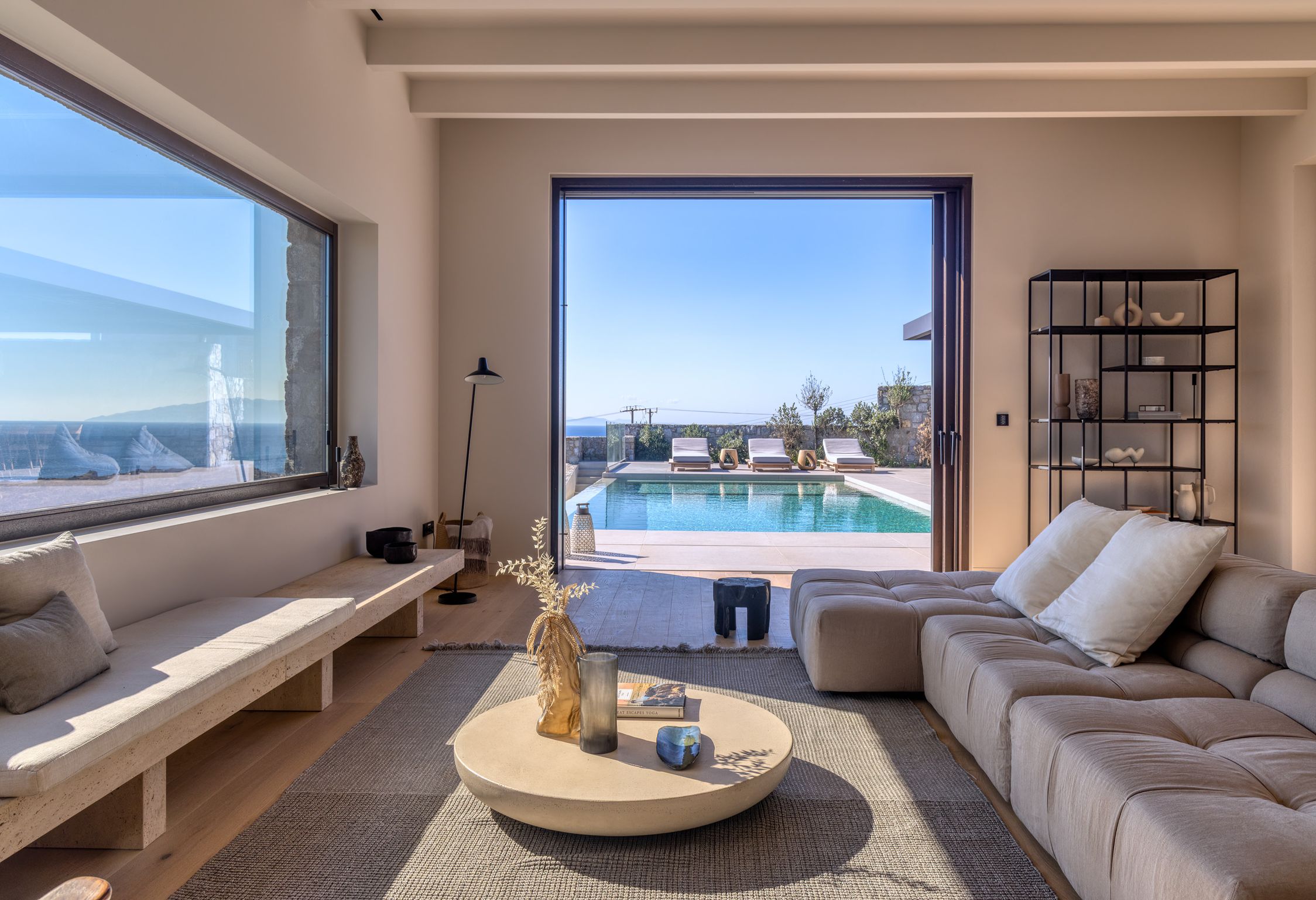 Contemporary living room with sofas and panoramic windows at Aether Private Retreat - Upper Floor, Aleomandra, Mykonos