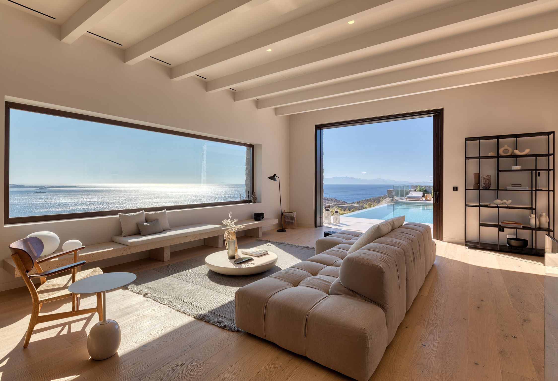 Contemporary living room with sofas and panoramic windows at Aether Private Retreat - Upper Floor, Aleomandra, Mykonos