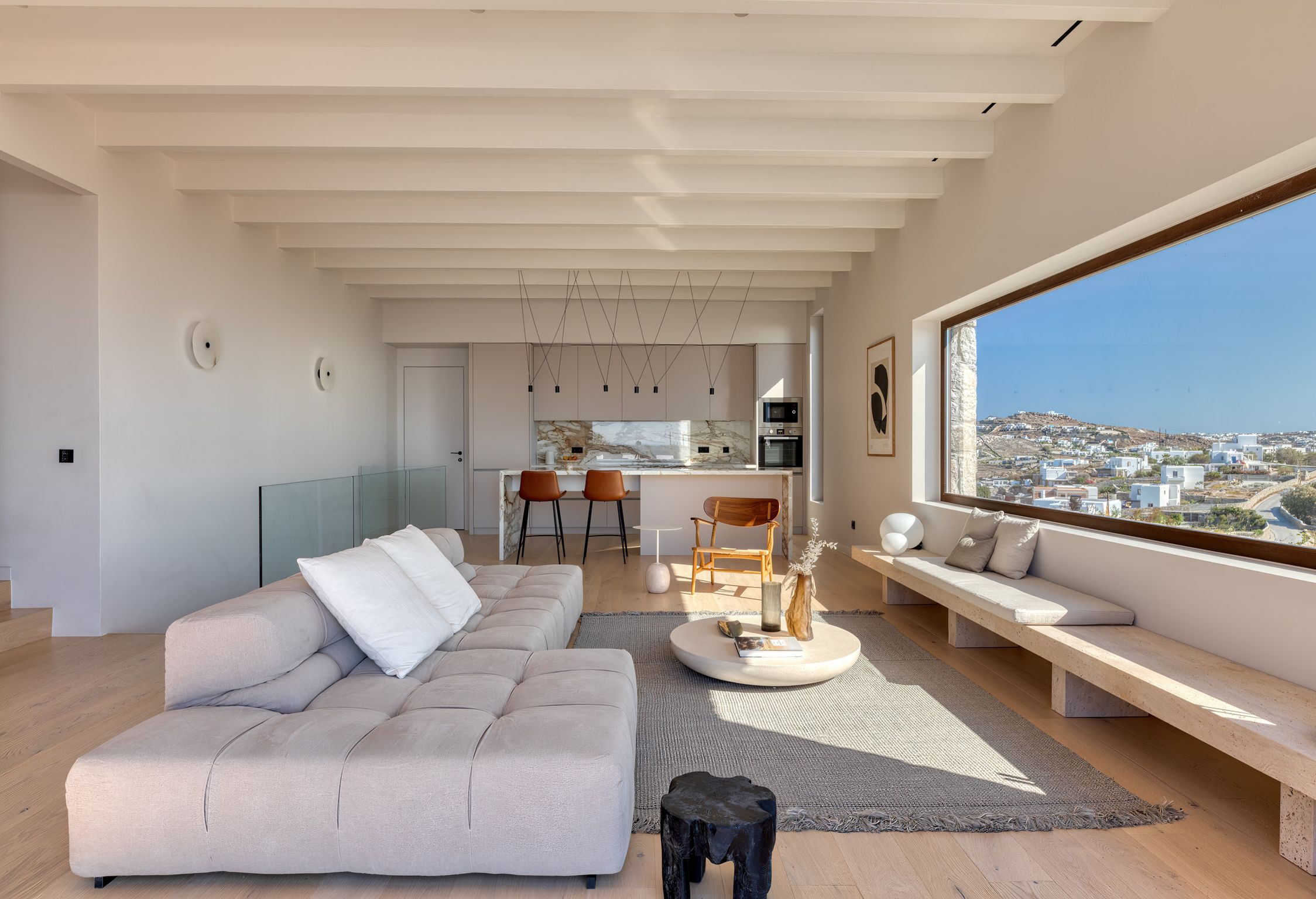 Contemporary living room with sofas and panoramic windows at Aether Private Retreat - Upper Floor, Aleomandra, Mykonos