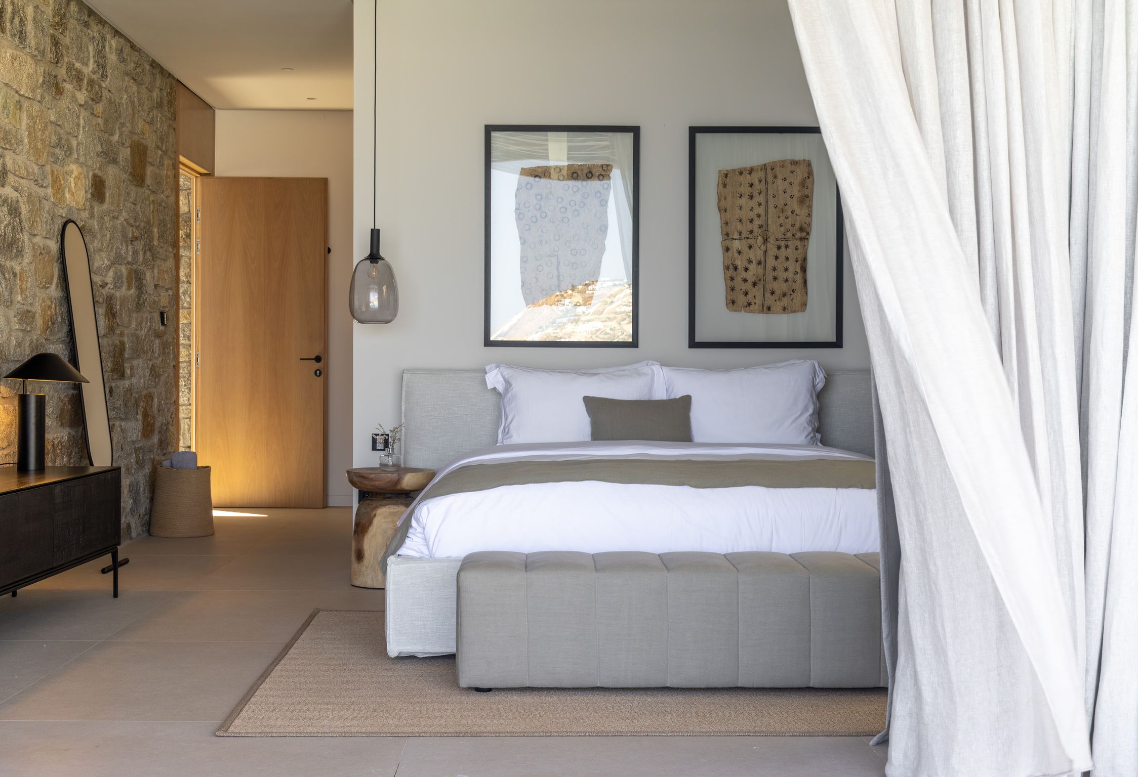 Bedroom with natural textures and soft neutral tones at Aether Private Retreat - Upper Floor, Aleomandra, Mykonos