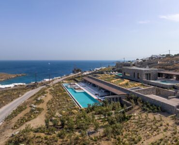 Aerial view of the villa, pools and surrounding Aleomandra landscape at Aether Private Retreat - Upper Floor, Aleomandra, Mykonos