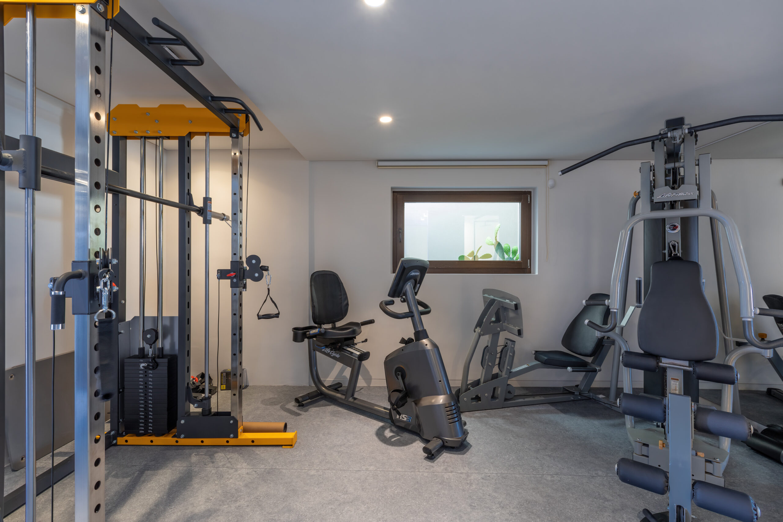 Indoor gym with cardio and weight equipment at Aether Private Retreat - Upper Floor, Aleomandra, Mykonos