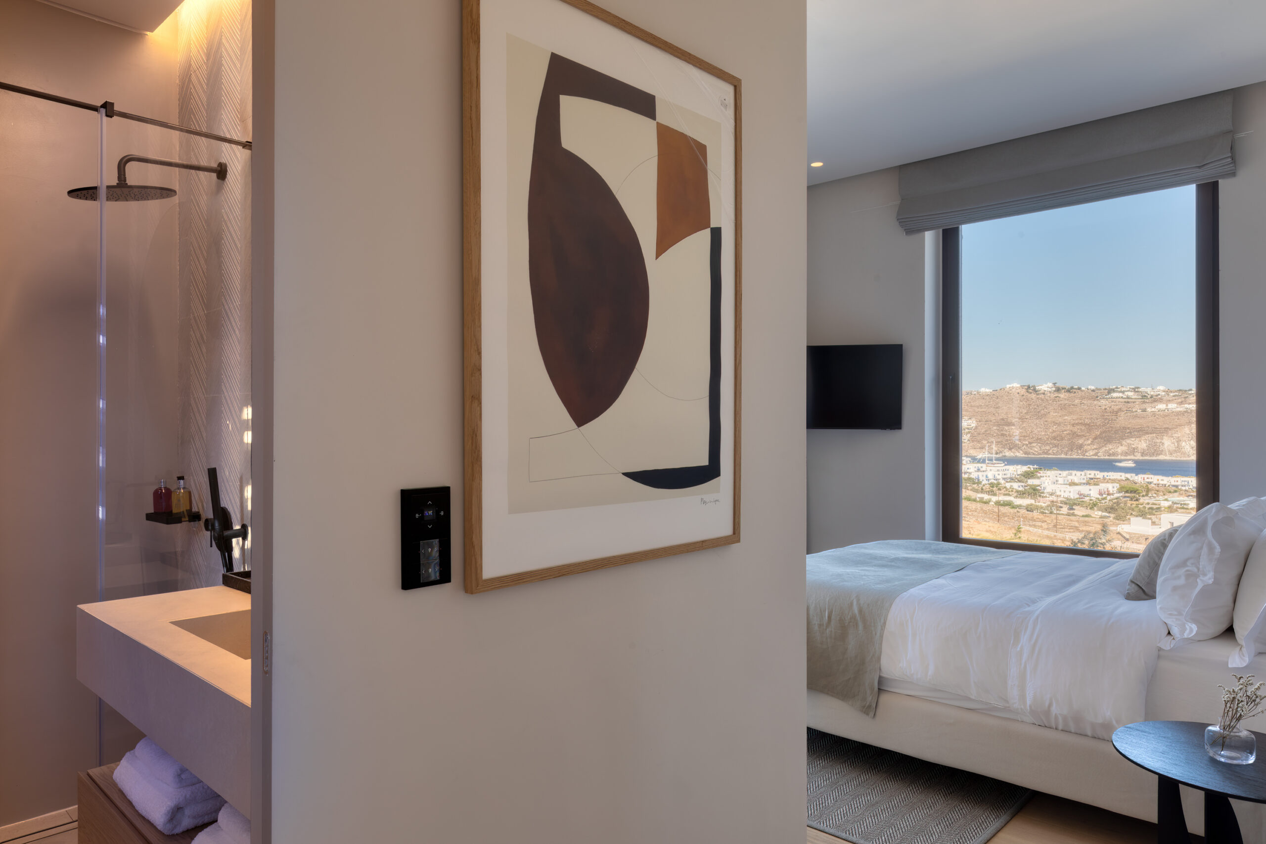 Bedroom with natural textures and soft neutral tones at Aether Private Retreat - Upper Floor, Aleomandra, Mykonos