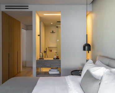 Bedroom with natural textures and soft neutral tones at Aether Private Retreat - Upper Floor, Aleomandra, Mykonos