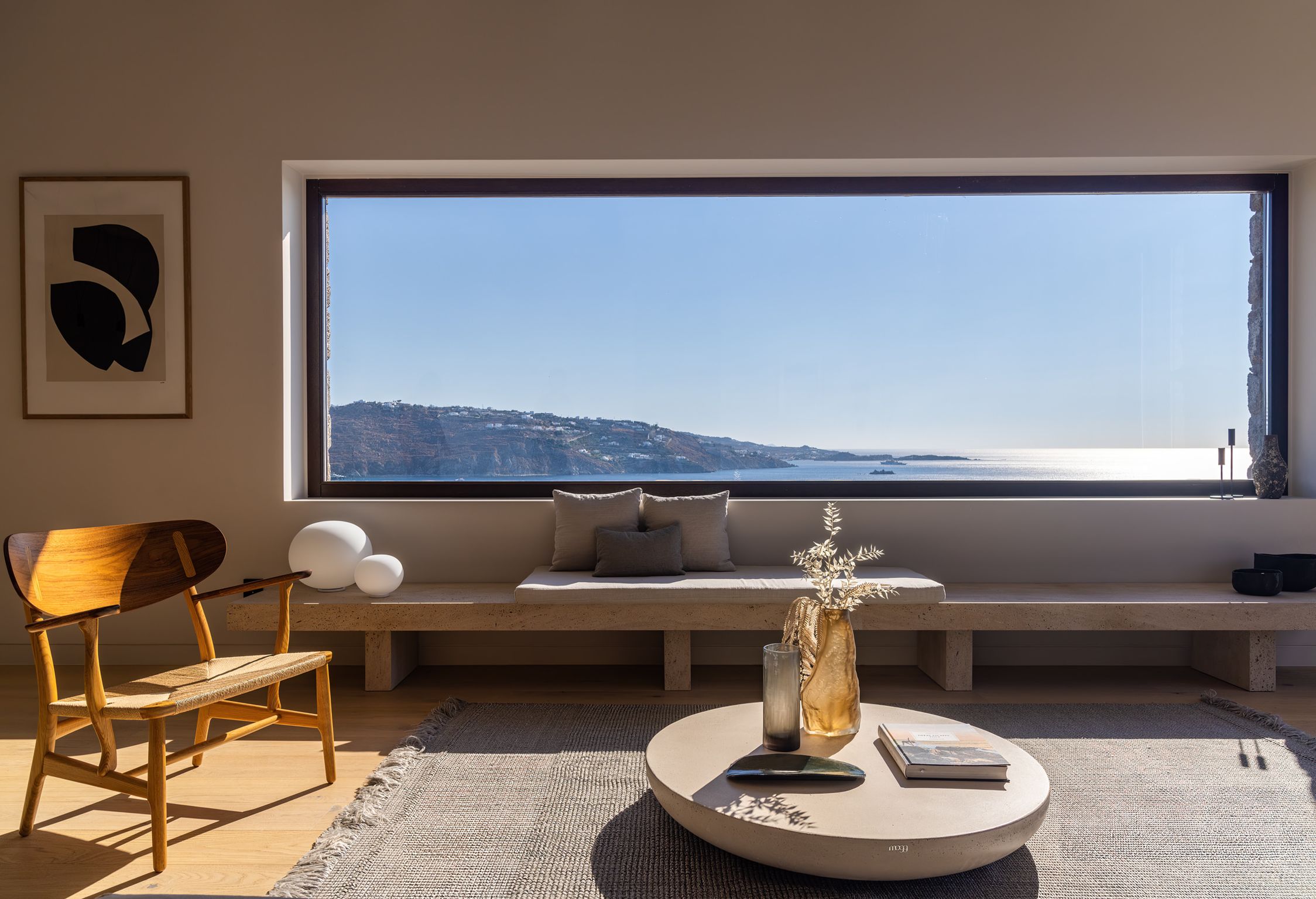 Contemporary living room with sofas and panoramic windows at Aether Private Retreat - Upper Floor, Aleomandra, Mykonos