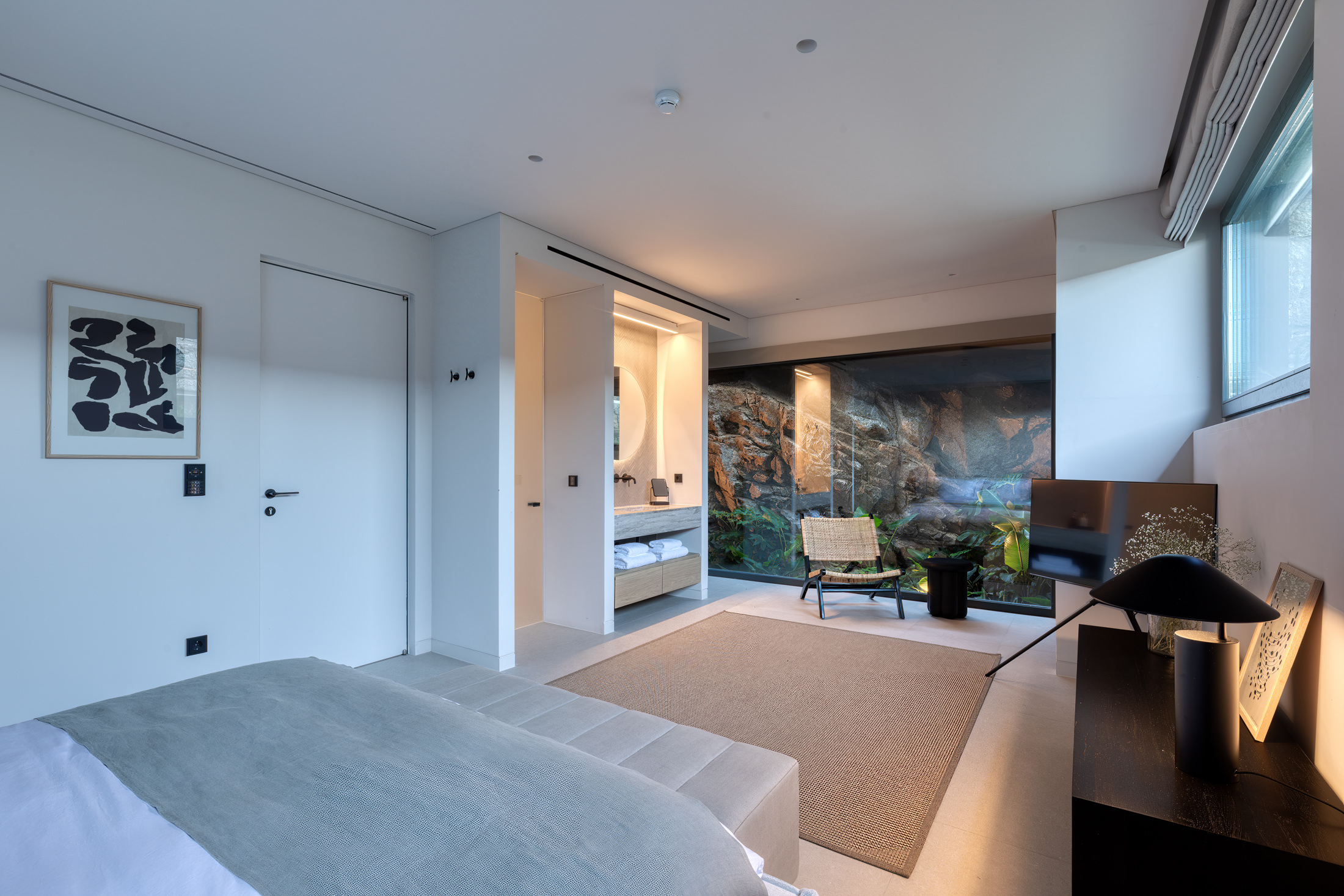 Bedroom with open en-suite bathroom at Aether Private Retreat - Upper Floor, Aleomandra, Mykonos