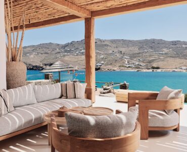 Shaded veranda lounge facing the Aegean Sea (view 4) at Bali Sea Front Villa in Ftelia, Mykonos