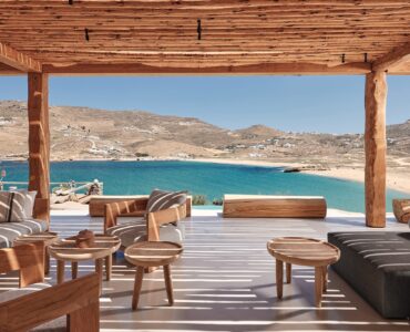 Shaded veranda lounge facing the Aegean Sea (view 5) at Bali Sea Front Villa in Ftelia, Mykonos