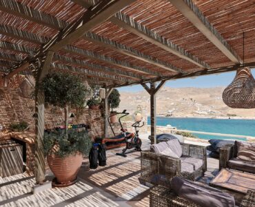 Outdoor gym area with sea views at Bali Sea Front Villa in Ftelia, Mykonos
